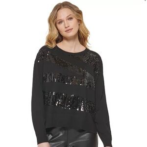 New DKNY ​MEDIUM Zig Zag Embellished Sequin Crew Neck Long Sleeve Black Sweater